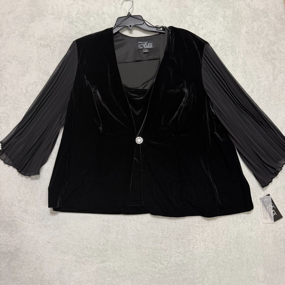 Alex Evenings 2 Piece Set Womens 3X Black Velvet Blouse Jacket Sheer Pleated Sle